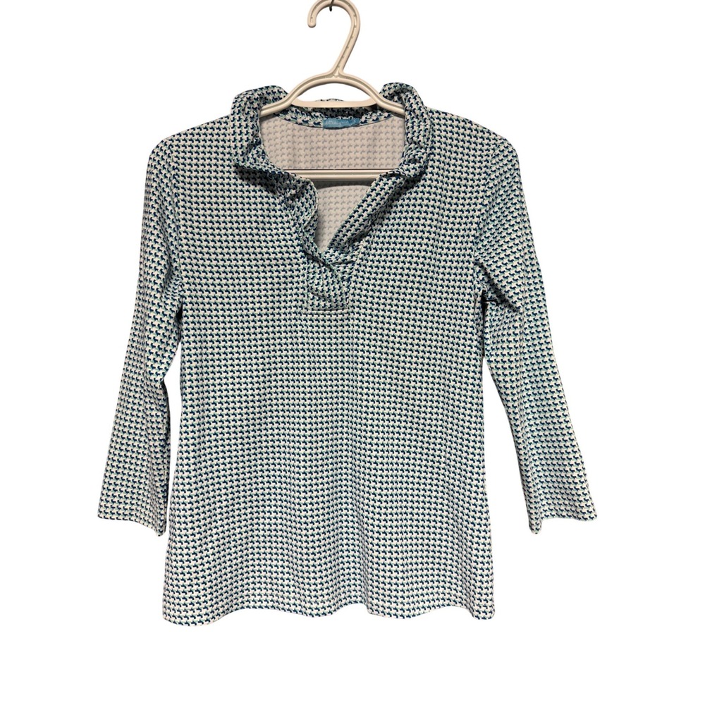 J.McLaughlin Durham Catalina Cloth Ruffle Neck Top Blue Green Size S Vacation